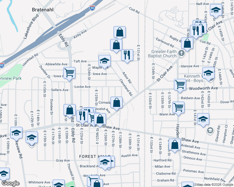map of restaurants, bars, coffee shops, grocery stores, and more near 506 East 128th Street in Cleveland