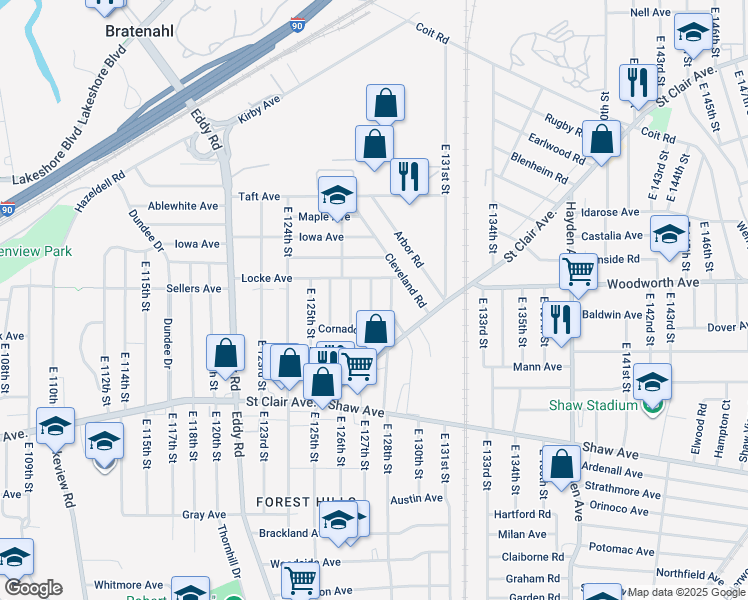 map of restaurants, bars, coffee shops, grocery stores, and more near 506 East 128th Street in Cleveland
