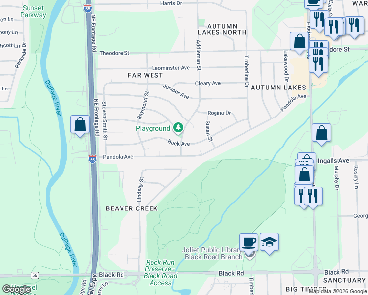 map of restaurants, bars, coffee shops, grocery stores, and more near 3636 Pandola Avenue in Joliet