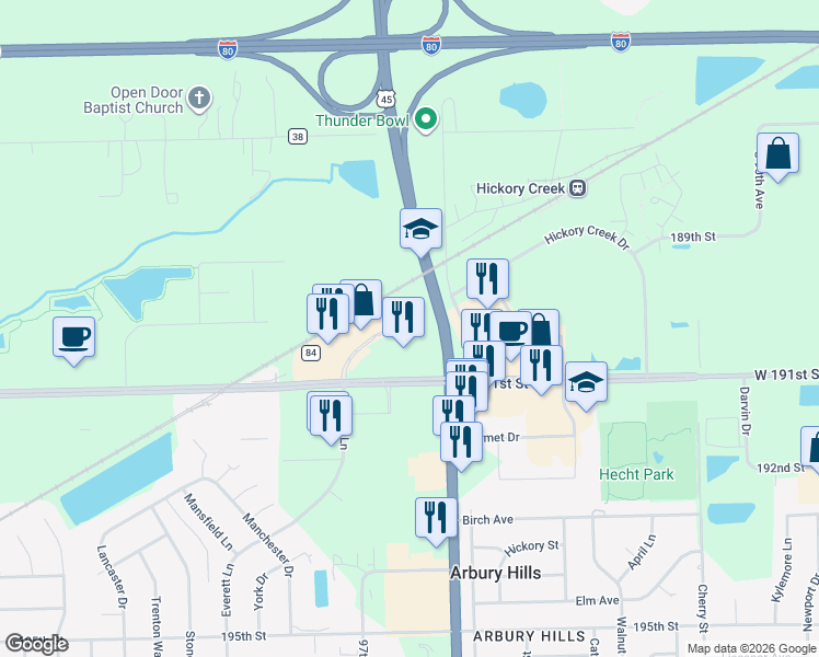 map of restaurants, bars, coffee shops, grocery stores, and more near 9610 191st Street in Mokena