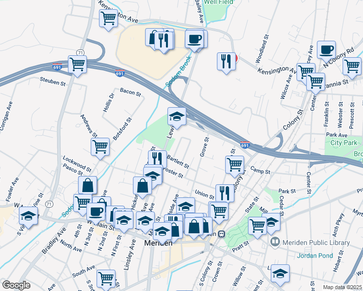 map of restaurants, bars, coffee shops, grocery stores, and more near 2 James Street in Meriden