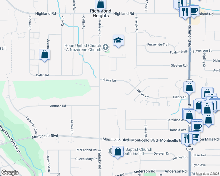 map of restaurants, bars, coffee shops, grocery stores, and more near 609 Trebisky Road in Cleveland