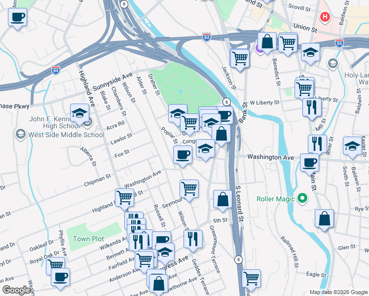 map of restaurants, bars, coffee shops, grocery stores, and more near 16 James Street in Waterbury
