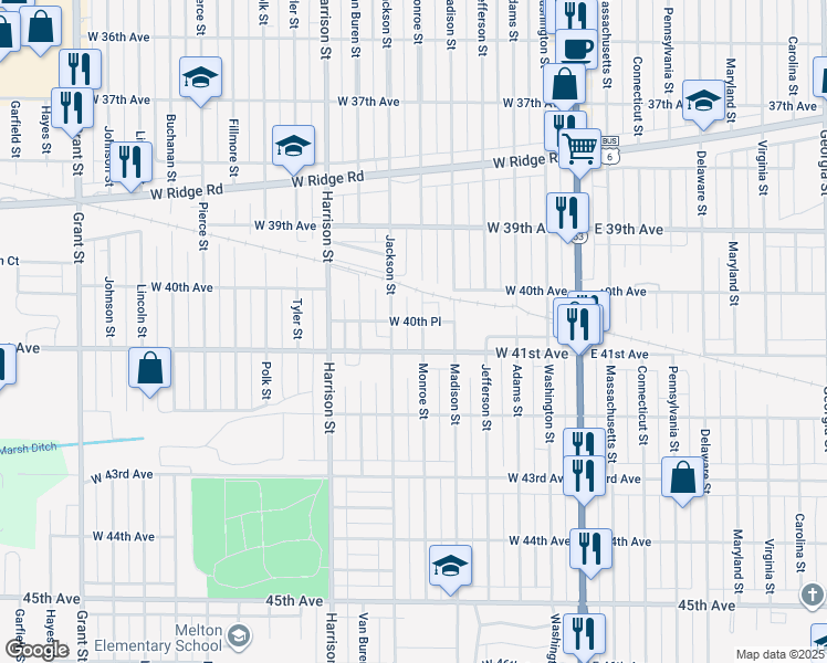 map of restaurants, bars, coffee shops, grocery stores, and more near 501-599 W 41st Ave in Gary