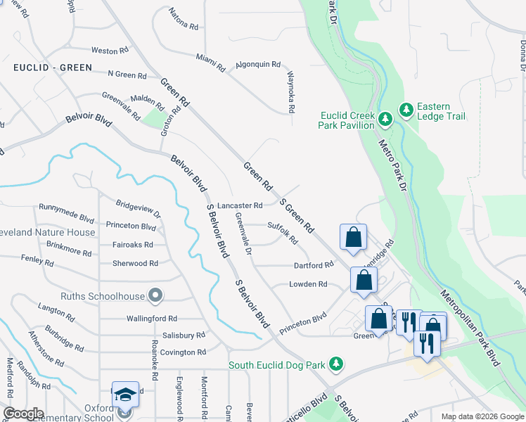 map of restaurants, bars, coffee shops, grocery stores, and more near 3988 Suffolk Road in South Euclid