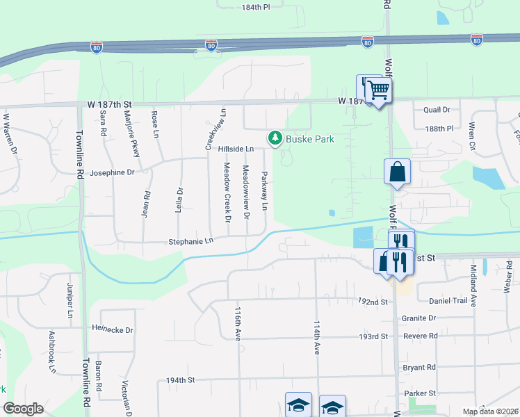 map of restaurants, bars, coffee shops, grocery stores, and more near 18929 Meadowview Drive in Mokena