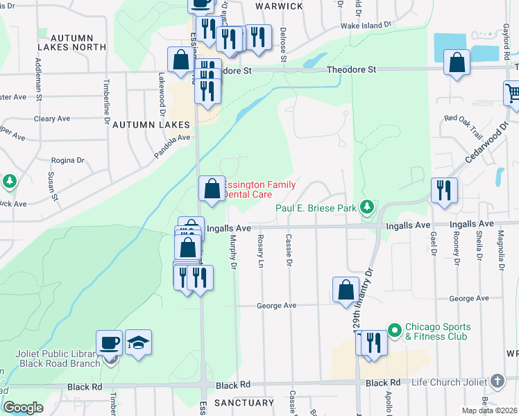 map of restaurants, bars, coffee shops, grocery stores, and more near 3111 Ingalls Avenue in Joliet