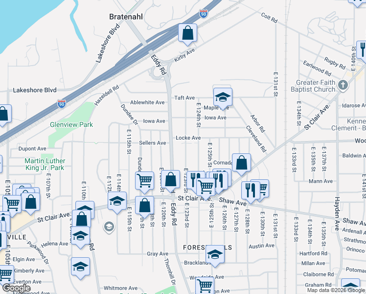 map of restaurants, bars, coffee shops, grocery stores, and more near 488 East 123rd Street in Cleveland