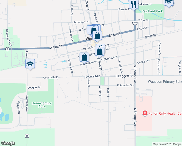 map of restaurants, bars, coffee shops, grocery stores, and more near 147 West Leggett Street in Wauseon