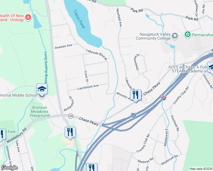 map of restaurants, bars, coffee shops, grocery stores, and more near 7 Larchmont Avenue in Waterbury