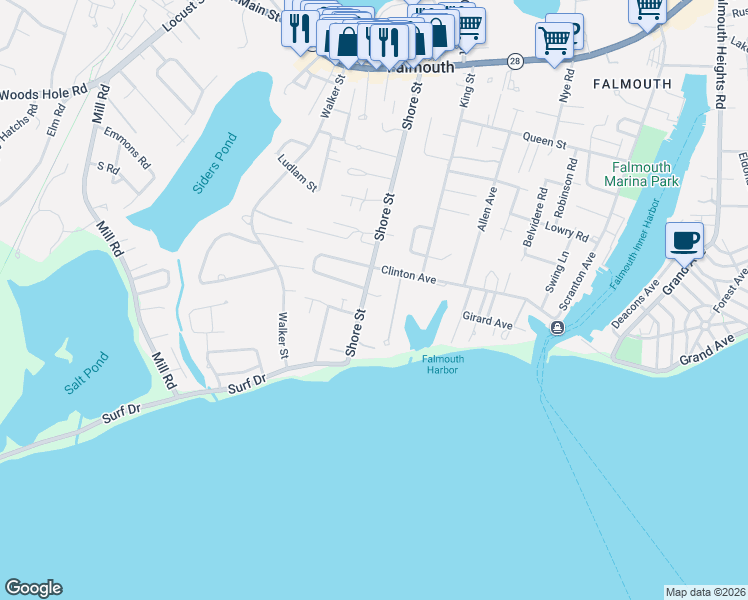 map of restaurants, bars, coffee shops, grocery stores, and more near 308 Shore Street in Falmouth