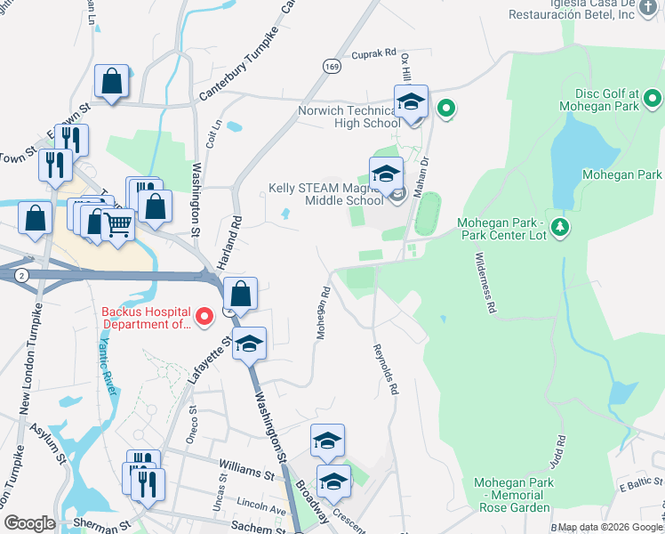 map of restaurants, bars, coffee shops, grocery stores, and more near 23 Montgomery Lane in Norwich
