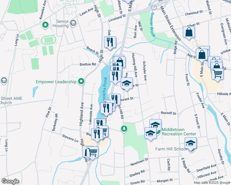map of restaurants, bars, coffee shops, grocery stores, and more near 5 Durant Street in Middletown