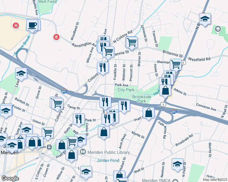 map of restaurants, bars, coffee shops, grocery stores, and more near 44 Franklin Street in Meriden