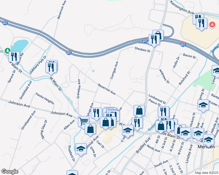 map of restaurants, bars, coffee shops, grocery stores, and more near 132 Reservoir Avenue in Meriden