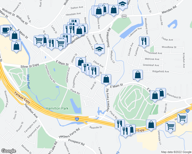 map of restaurants, bars, coffee shops, grocery stores, and more near 24 Knoll Street in Waterbury