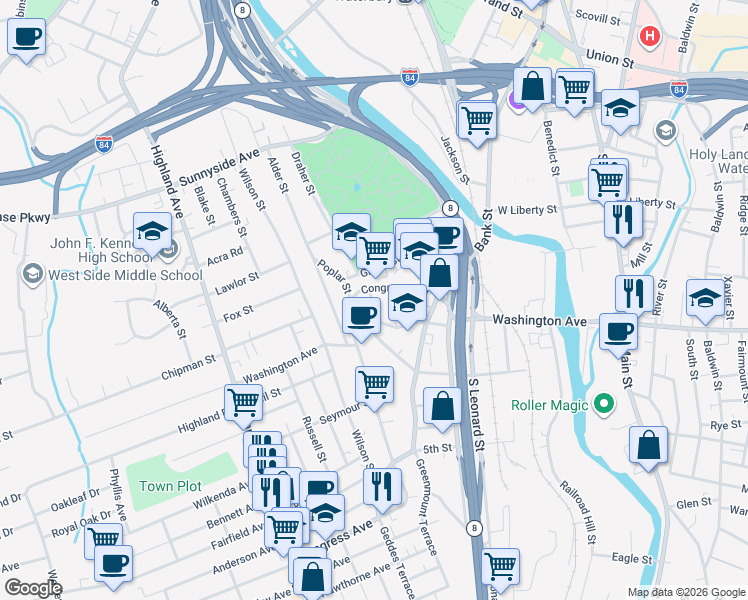 map of restaurants, bars, coffee shops, grocery stores, and more near 424 Washington Avenue in Waterbury