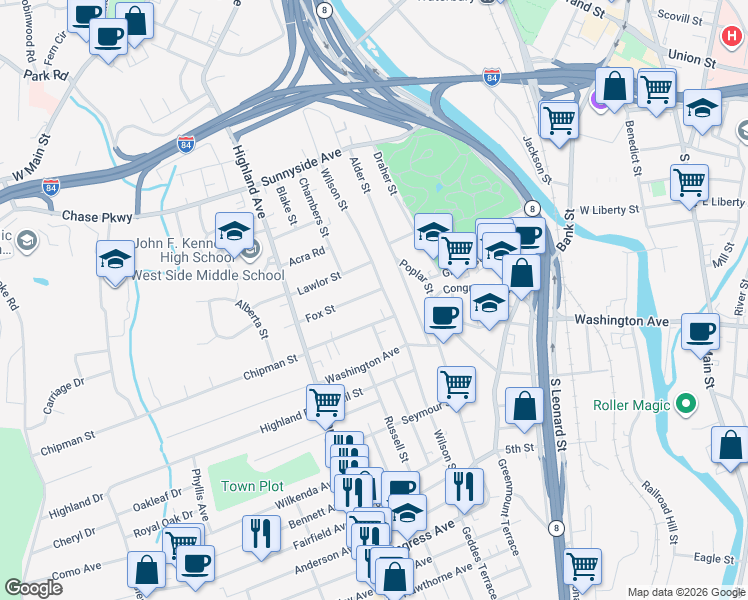 map of restaurants, bars, coffee shops, grocery stores, and more near 494 Wilson Street in Waterbury