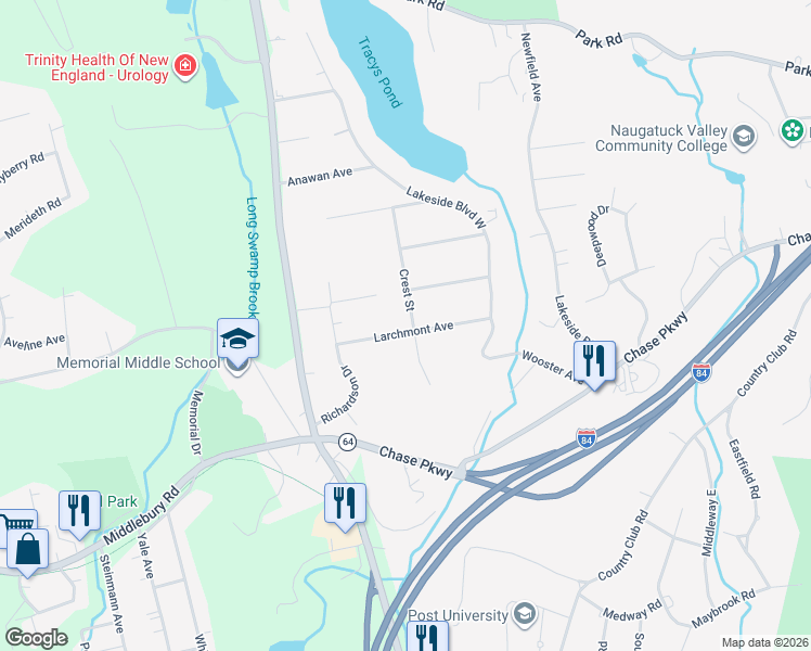 map of restaurants, bars, coffee shops, grocery stores, and more near 67 Crest Street in Waterbury