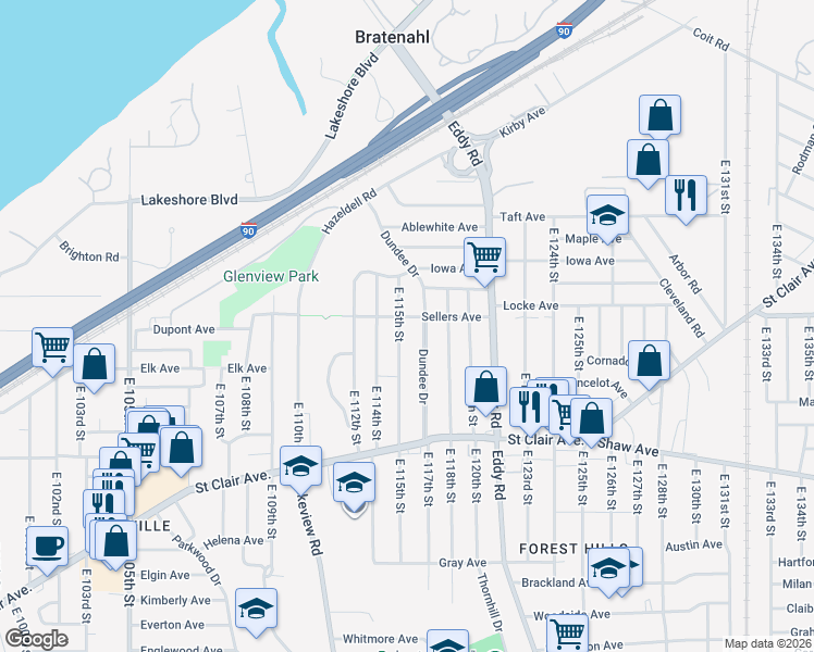 map of restaurants, bars, coffee shops, grocery stores, and more near 487 East 115th Street in Cleveland