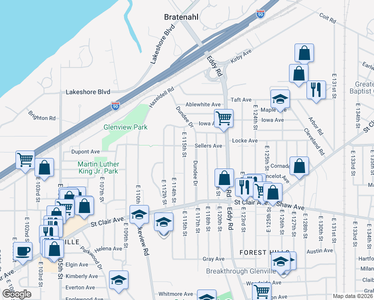 map of restaurants, bars, coffee shops, grocery stores, and more near 487 East 115th Street in Cleveland