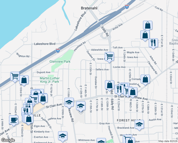map of restaurants, bars, coffee shops, grocery stores, and more near 487 East 115th Street in Cleveland