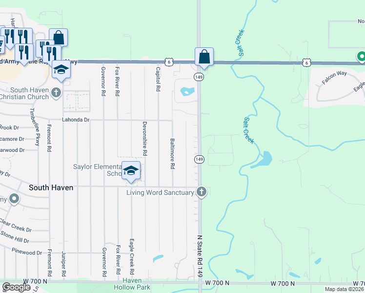 map of restaurants, bars, coffee shops, grocery stores, and more near 754 Acadia Road in Valparaiso