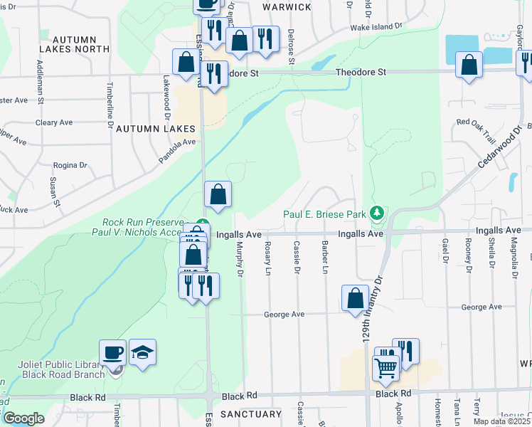 map of restaurants, bars, coffee shops, grocery stores, and more near 3111 Ingalls Avenue in Joliet