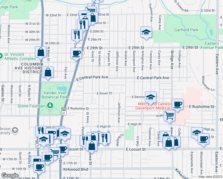 map of restaurants, bars, coffee shops, grocery stores, and more near 2349 Farnam Street in Davenport