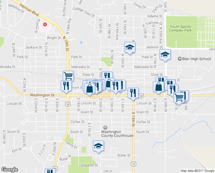 map of restaurants, bars, coffee shops, grocery stores, and more near  in Blair