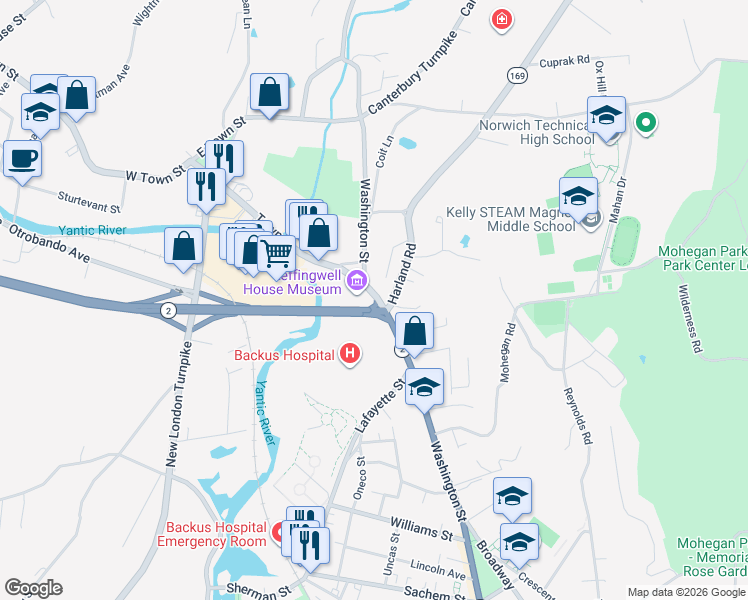 map of restaurants, bars, coffee shops, grocery stores, and more near 348 Washington Street in Norwich