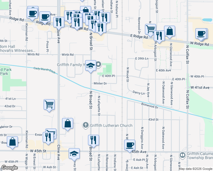 map of restaurants, bars, coffee shops, grocery stores, and more near 1242 N Lafayette Ct in Griffith