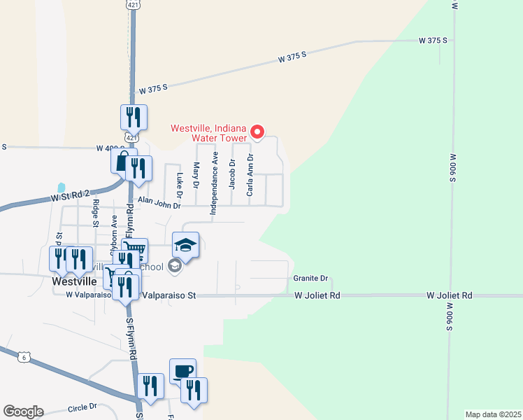 map of restaurants, bars, coffee shops, grocery stores, and more near 608 Allan John Drive in Westville