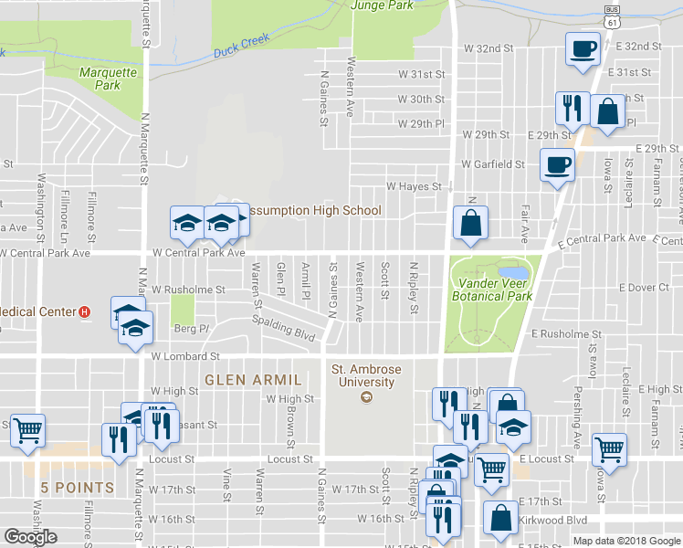 map of restaurants, bars, coffee shops, grocery stores, and more near 2413 North Gaines Street in Davenport