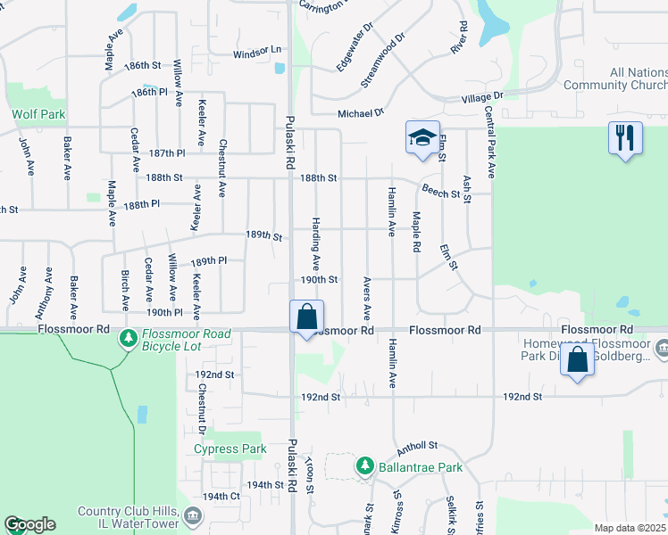 map of restaurants, bars, coffee shops, grocery stores, and more near 19002 Springfield Avenue in Flossmoor