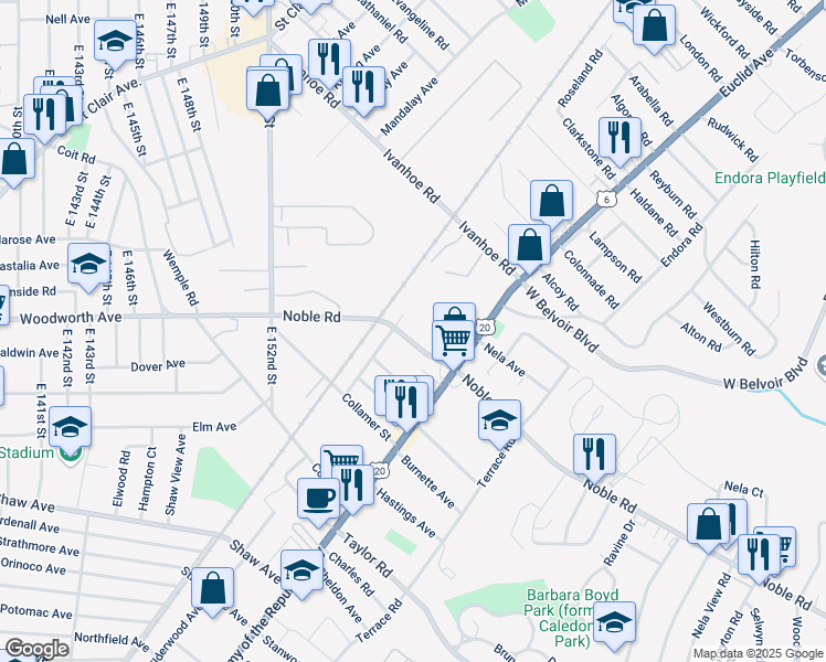 map of restaurants, bars, coffee shops, grocery stores, and more near 1705 Noble Road in East Cleveland