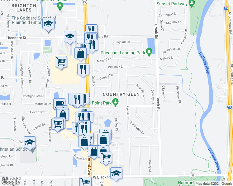 map of restaurants, bars, coffee shops, grocery stores, and more near 1211 Bluejay Lane in Plainfield