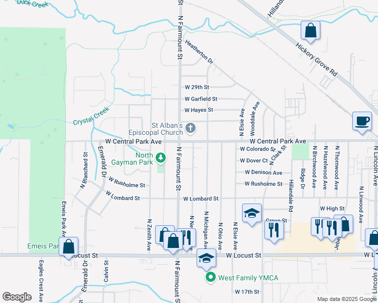 map of restaurants, bars, coffee shops, grocery stores, and more near 3510 West Central Park Avenue in Davenport