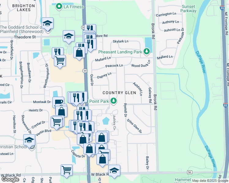 map of restaurants, bars, coffee shops, grocery stores, and more near 1305 Bluejay Lane in Plainfield