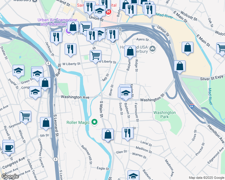 map of restaurants, bars, coffee shops, grocery stores, and more near 317 River Street in Waterbury