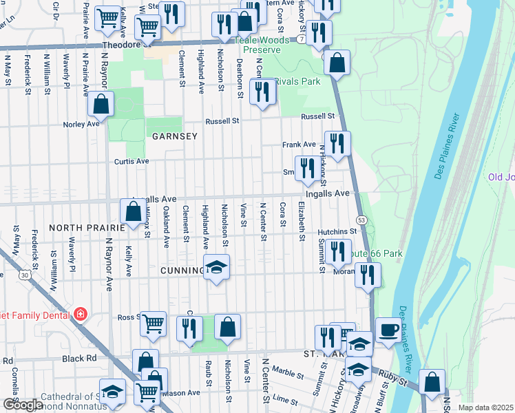 map of restaurants, bars, coffee shops, grocery stores, and more near 1201 North Center Street in Joliet