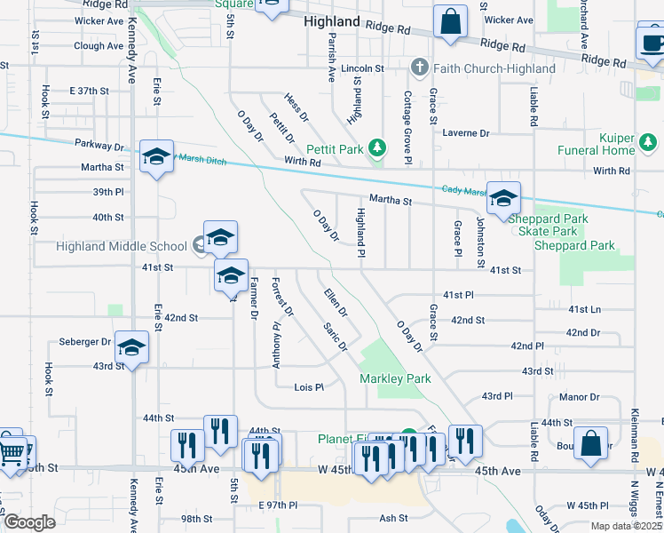 map of restaurants, bars, coffee shops, grocery stores, and more near 7470 Erie Lackawanna Trail in Highland