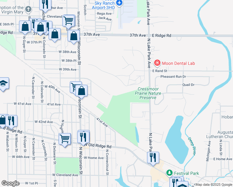 map of restaurants, bars, coffee shops, grocery stores, and more near 621 West 39th Place in Hobart