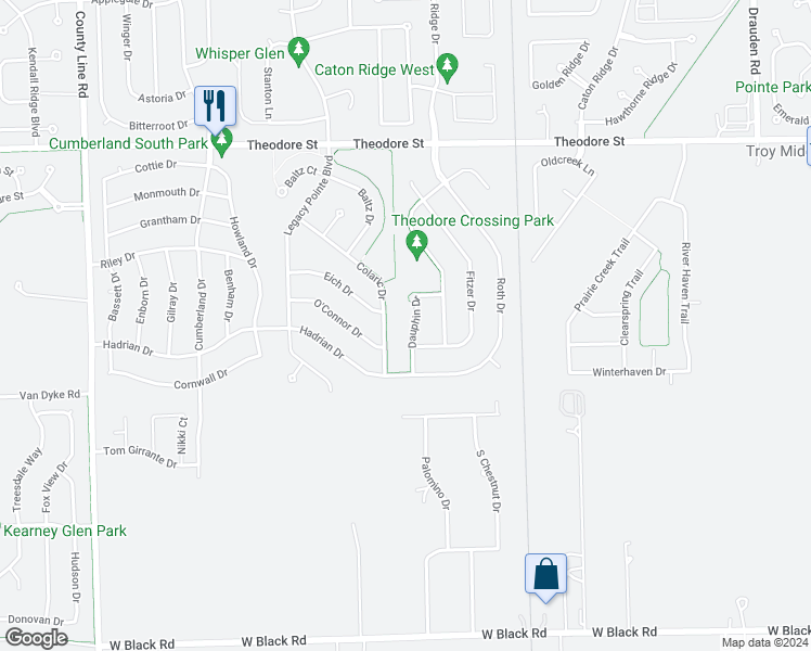 map of restaurants, bars, coffee shops, grocery stores, and more near 1301 Dauphin Drive in Joliet