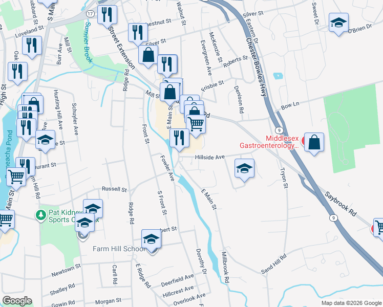map of restaurants, bars, coffee shops, grocery stores, and more near 22 Hillside Avenue in Middletown