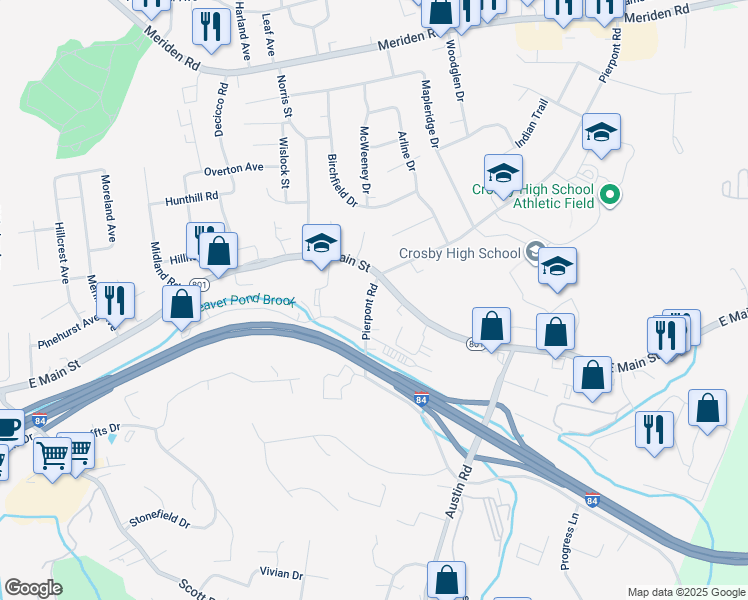 map of restaurants, bars, coffee shops, grocery stores, and more near 3280 East Main Street in Waterbury