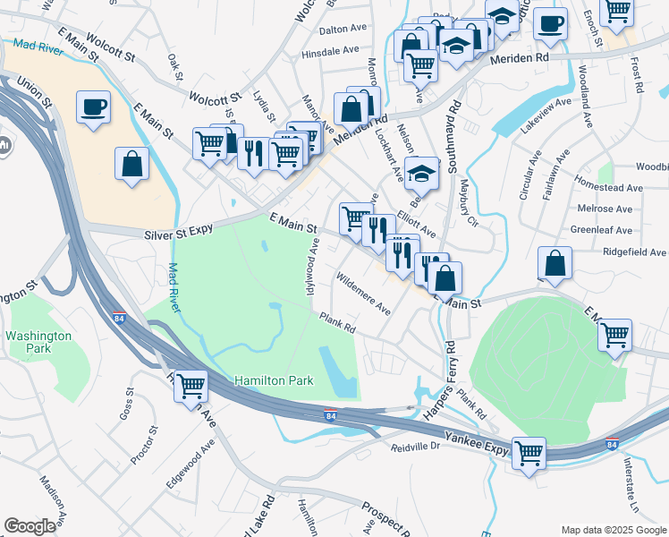 map of restaurants, bars, coffee shops, grocery stores, and more near 1712 East Main Street in Waterbury
