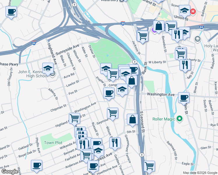 map of restaurants, bars, coffee shops, grocery stores, and more near 109 Green Street in Waterbury