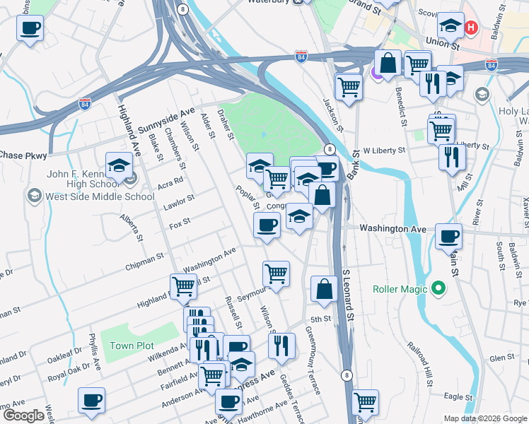 map of restaurants, bars, coffee shops, grocery stores, and more near 107 Green Street in Waterbury