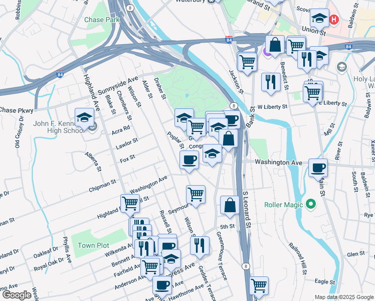 map of restaurants, bars, coffee shops, grocery stores, and more near 109 Green Street in Waterbury